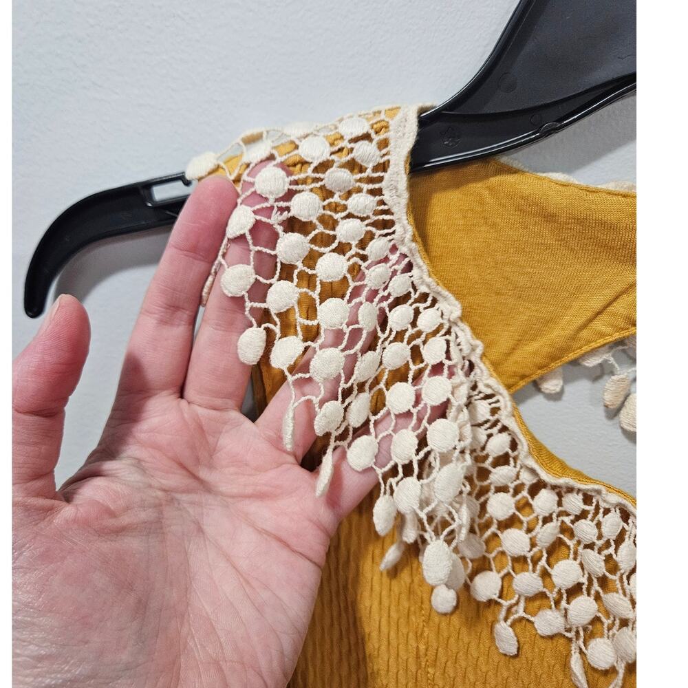 ๐ Free People Mustard Yellow Orange Crochet Collar Keyhole Back Mini Dress XS - Picture 6 of 13